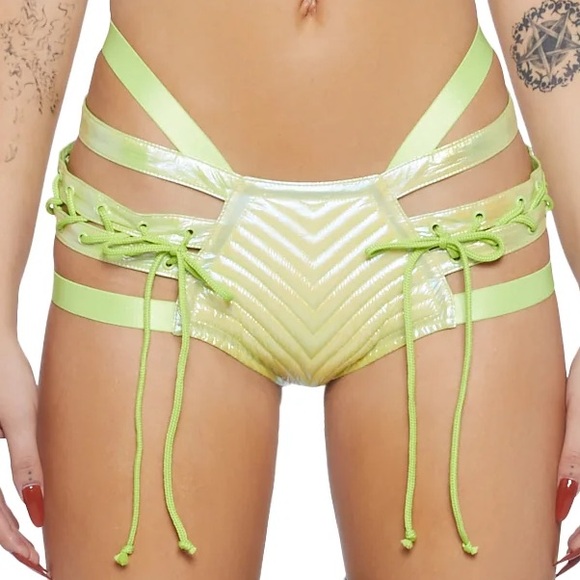 CLUB EXX Rude Awakening Neon Green Lace Up Booty Shorts Rave Bottoms Size XL - Picture 5 of 9